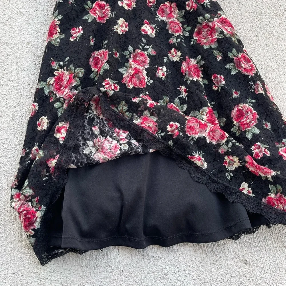 Vintage Y2K Betsey Johnson Floral Lace Slip Dress Black Pink Roses Corset Mini S - Picture 2 of 6